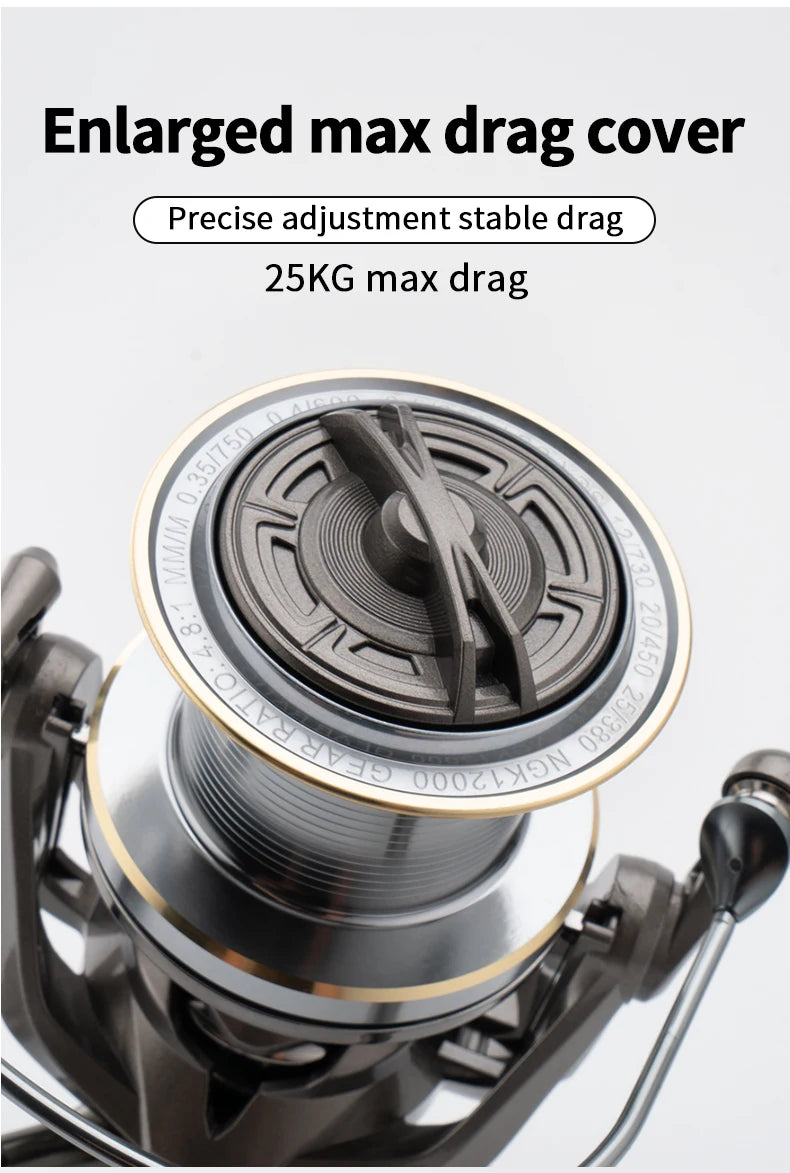 Huidiao NGK-II Heavy Duty Spinning Reel 25KG Max Drag 8000-14000 Zero Play 6+1BB Smooth Casting Reel for Surf & Offshore Fishing
