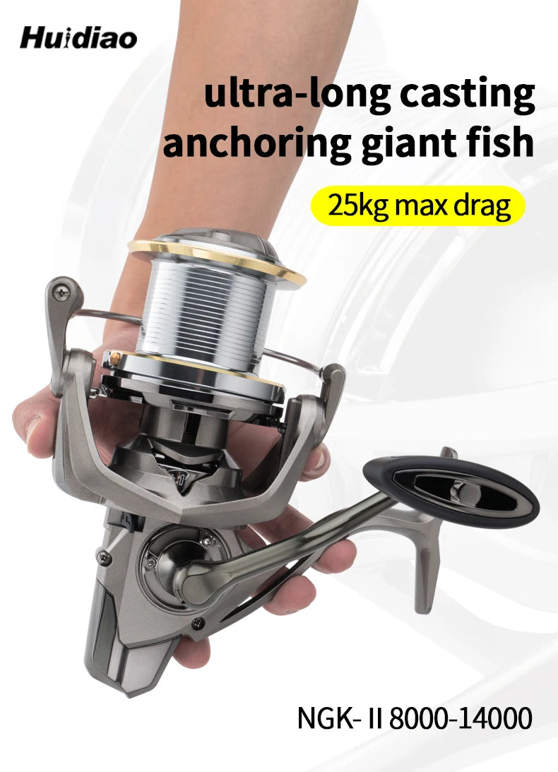 Huidiao NGK-II Heavy Duty Spinning Reel 25KG Max Drag 8000-14000 Zero Play 6+1BB Smooth Casting Reel for Surf & Offshore Fishing