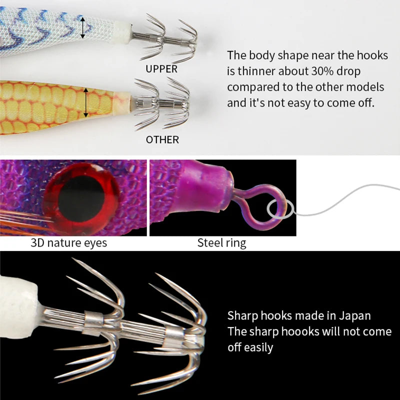Luminous Colorful Floating Fishing Bait Squid Jig Artificial Fishing Lure Squid Hook Wood Shrimp Fishing Bait Octopus Cuttlefish