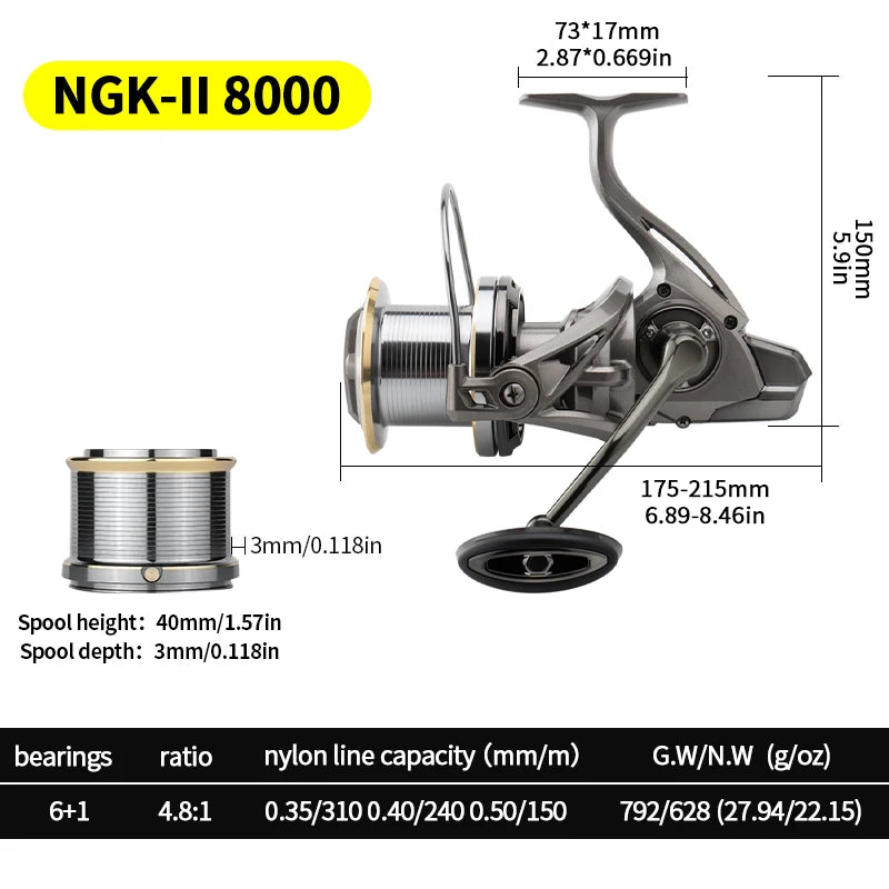 Huidiao NGK-II Heavy Duty Spinning Reel 25KG Max Drag 8000-14000 Zero Play 6+1BB Smooth Casting Reel for Surf & Offshore Fishing