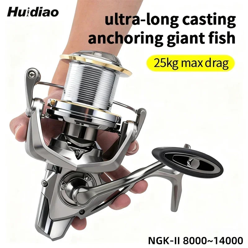 Huidiao NGK-II Heavy Duty Spinning Reel 25KG Max Drag 8000-14000 Zero Play 6+1BB Smooth Casting Reel for Surf & Offshore Fishing