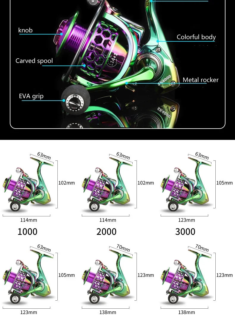 SK1000-6000 14+1BB Spinning Fishing Reel 5.0:1 High Speed Ratio EVA Grip Max Drag 8 Kg Handle Right/Left Carp Fishing Reel