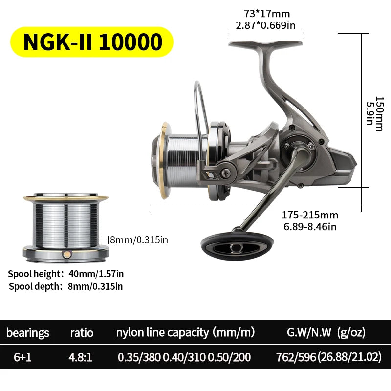 Huidiao NGK-II Heavy Duty Spinning Reel 25KG Max Drag 8000-14000 Zero Play 6+1BB Smooth Casting Reel for Surf & Offshore Fishing