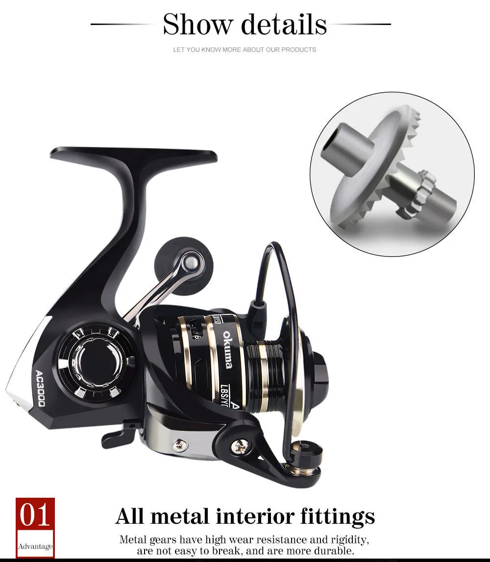 Newest OKUMA AC2000-7000 Fishing Reel Metal Ball Grip Spinning Reel 5.2:1 Metal Reel Cup 12KG Max Drag
