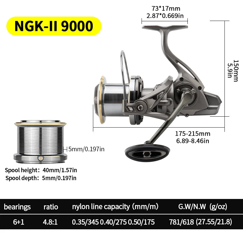 Huidiao NGK-II Heavy Duty Spinning Reel 25KG Max Drag 8000-14000 Zero Play 6+1BB Smooth Casting Reel for Surf & Offshore Fishing